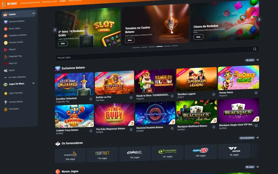 Lobby do Betano Casino em português, exibindo vários jogos de slot, jogos de mesa, torneios e provedores de jogos.