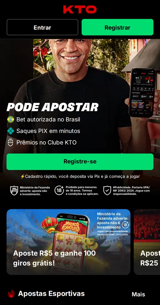Lobby inicial da KTO Brasil no celular com ofertas e apostas esportivas