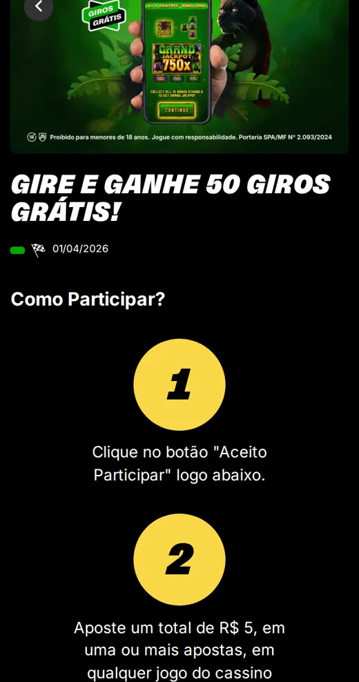 Promoção de 50 giros grátis no cassino KTO