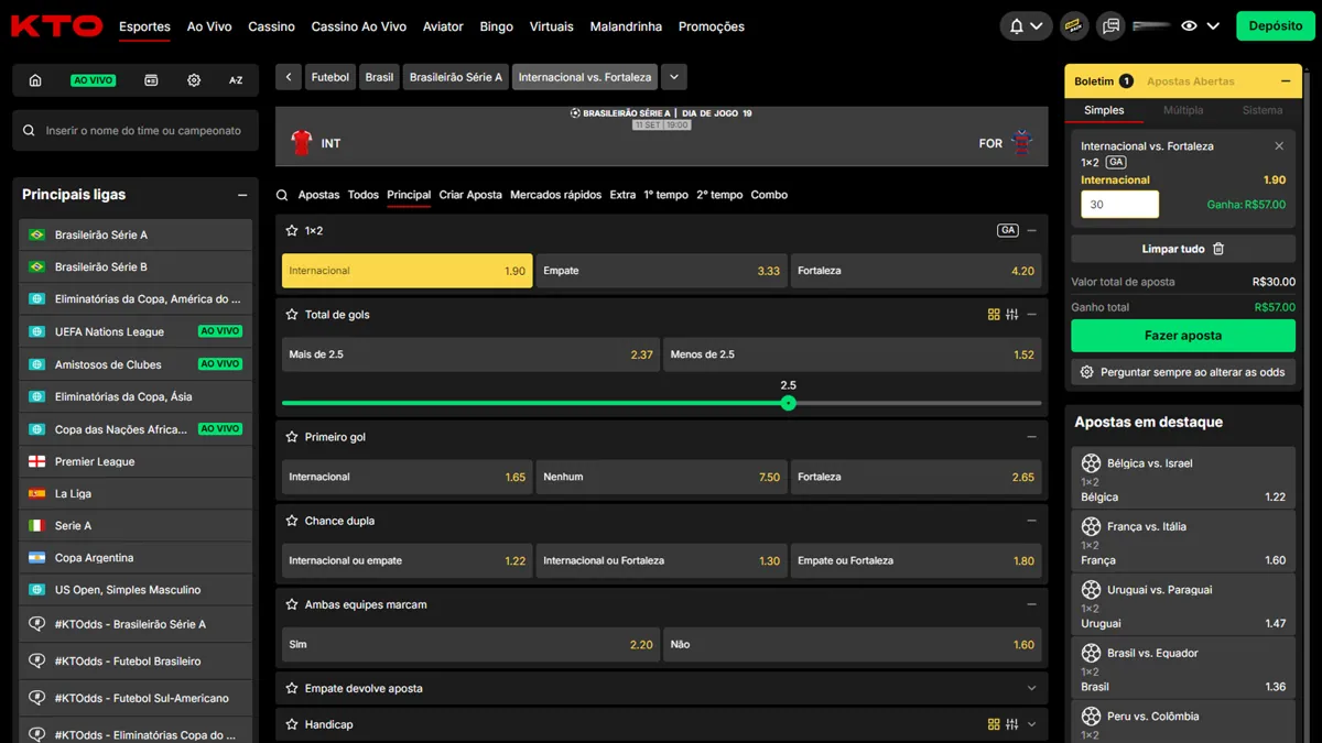 Interface de apostas esportivas da KTO no Brasileirão