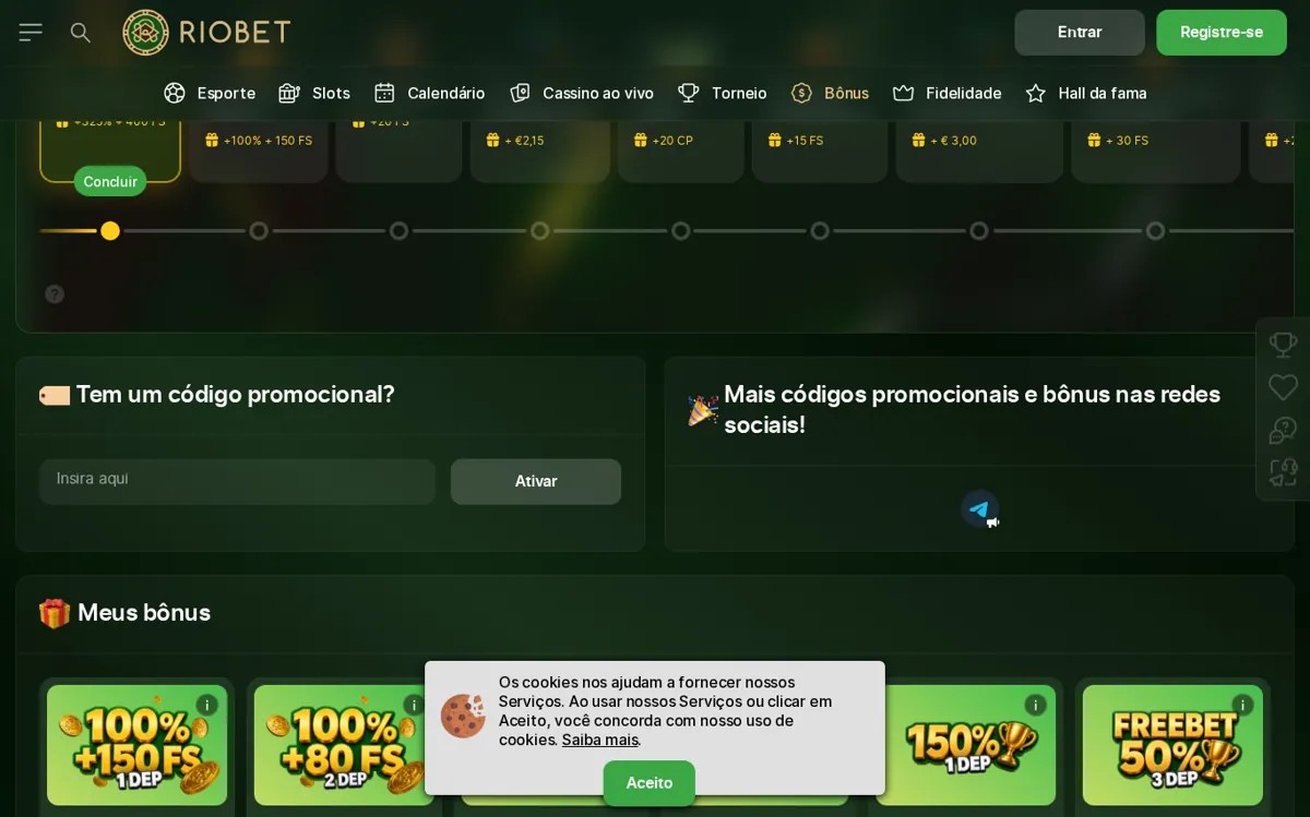 Seção de bônus e códigos promocionais da Riobet em português.