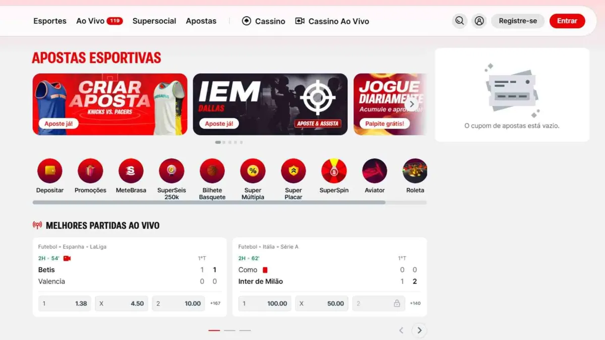 Página inicial de apostas esportivas da Superbet